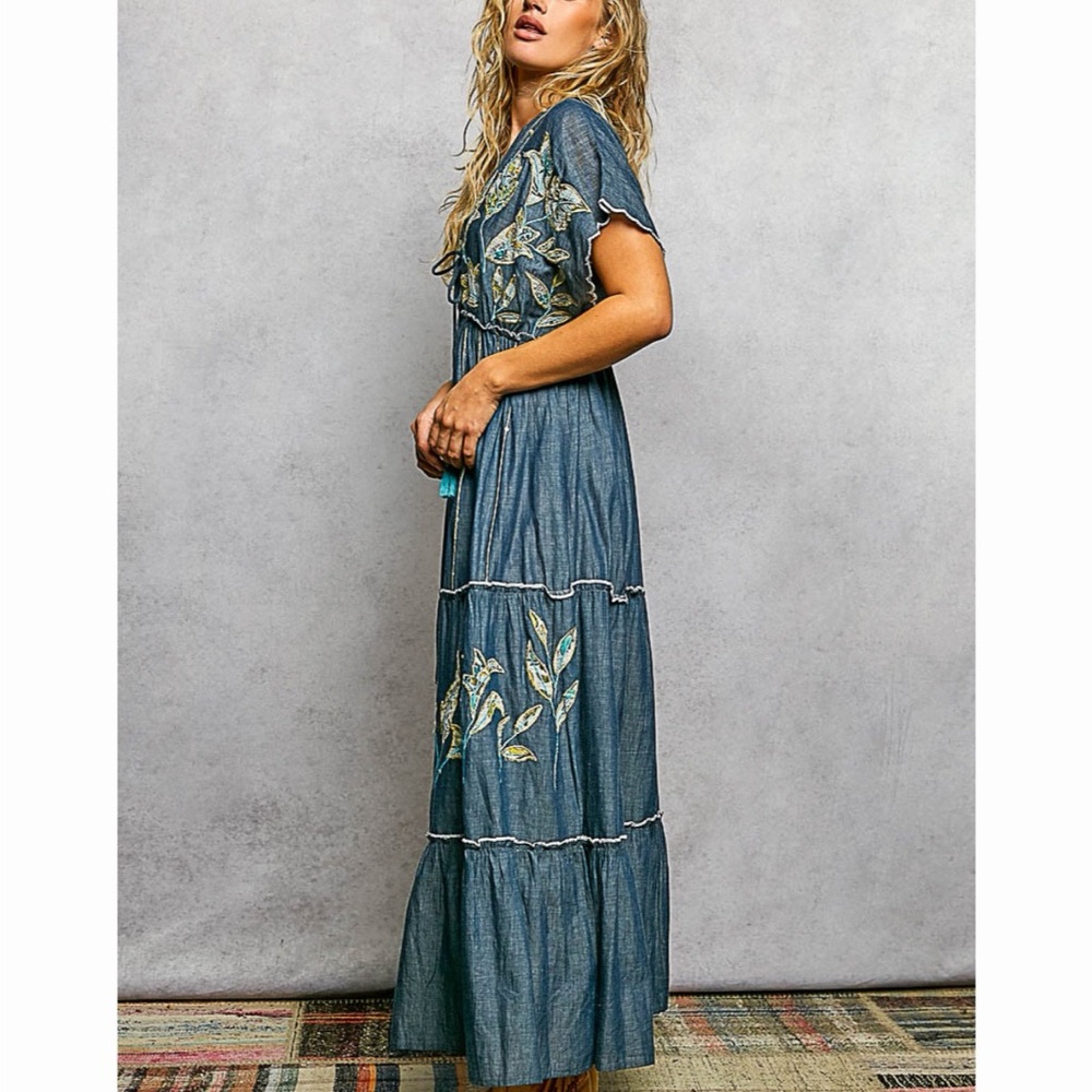POL Blue Oversized Cotton Embroidered V Neck Maxi Dress w/Gold Detail! - Picture 7 of 7